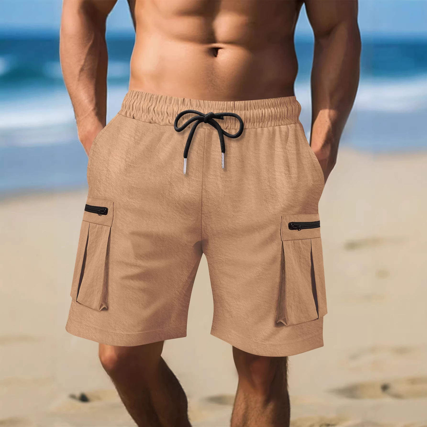 跨境男装夏季松紧绳运动机能日系五分裤子立体口袋宽松工装短裤