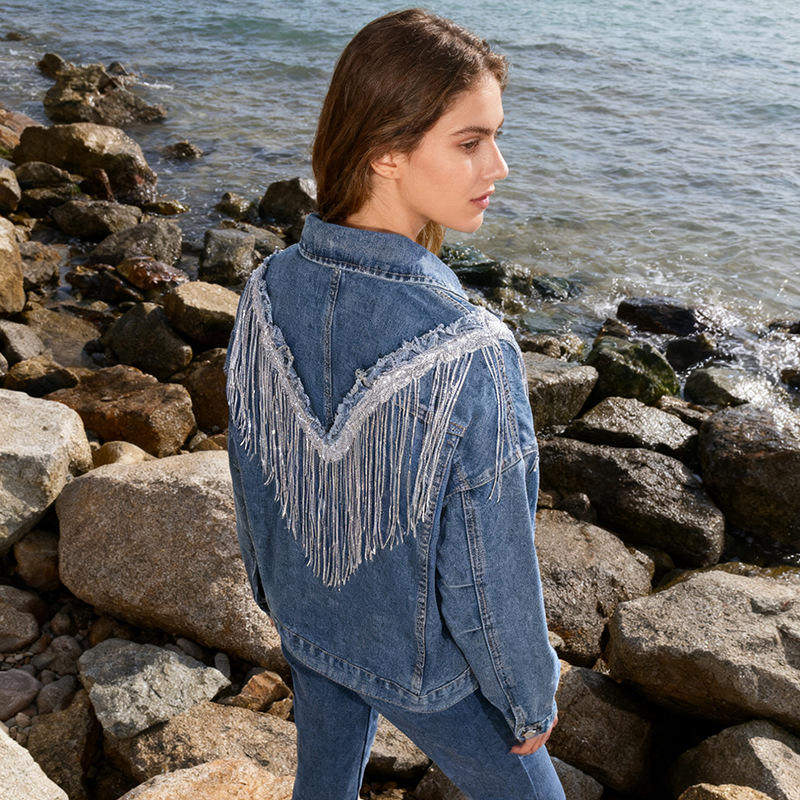 欧美街头机车风2026春季翻领背部流苏设计宽松牛仔短外套女单件