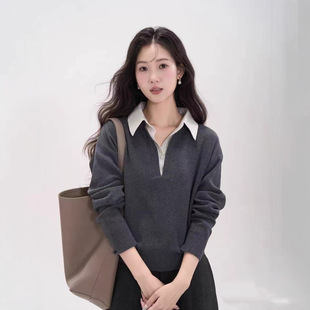 毛衣 女内搭秋冬可外穿短款 超好看单穿格子衬衫 领假两件打底针织衫