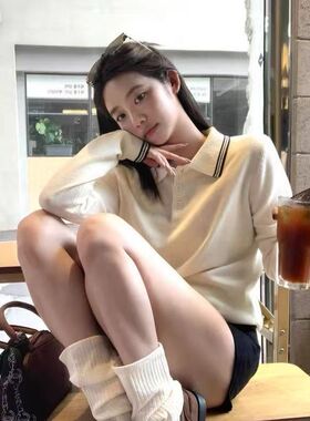 韩系学院风撞色翻领百搭长袖针织衫女2025秋季新款时尚洋气小上衣