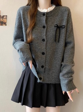 灰色蝴蝶结针织毛衣开衫女秋小个子针织衫外套加厚短款洋气上衣