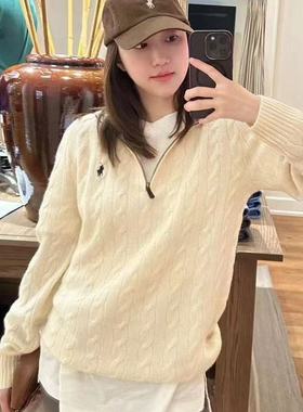 麻花刺绣拉链翻领毛衣女秋季外穿软糯高级感立领针织衫慵懒风上衣