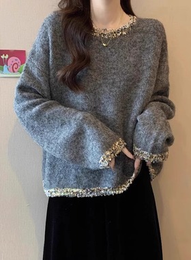 法式重工亮闪闪针织衫灰色毛衣女2025秋冬大码胖mm打底衫轻奢上衣