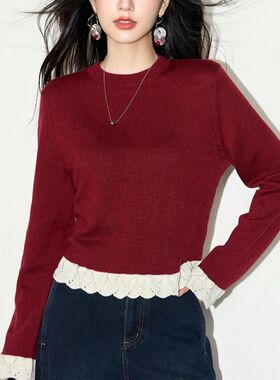 红色假两件针织衫女2025秋新款镂空花边拼接毛衣内搭打底短上衣