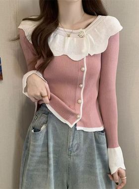 漂亮别致小衫撞色花边领花朵针织衫秋装女2025年新款独特别致上衣