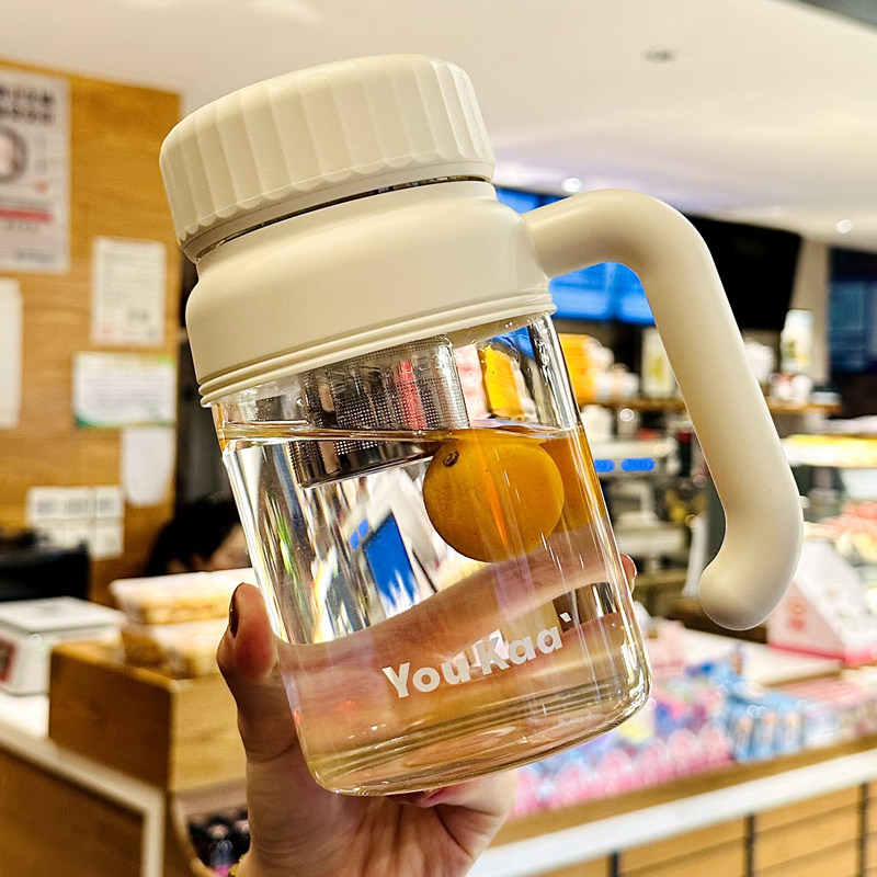 大容量玻璃杯带把手茶水分离泡茶杯子耐高温2025新款水杯女高颜值