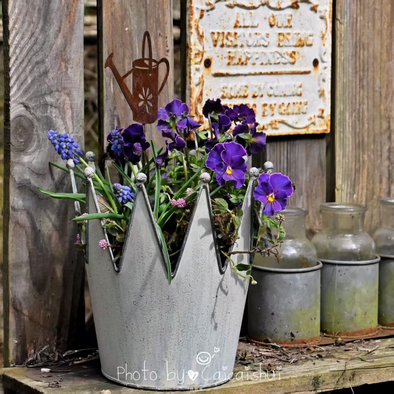 铁皮皇冠花盆鲜花桶复古铁艺花瓶插花干花筒花店家用花器装饰花盆