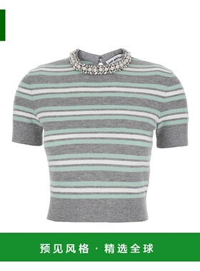 香港直邮Self-Portrait 女士 wih 灰色短款圆领晶石精饰全幅条纹