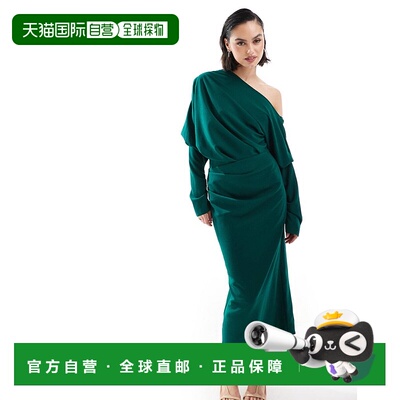 1h可退 香港直邮ASOS 女士 fallen 设计宽松型肩森林绿中长连衣裙
