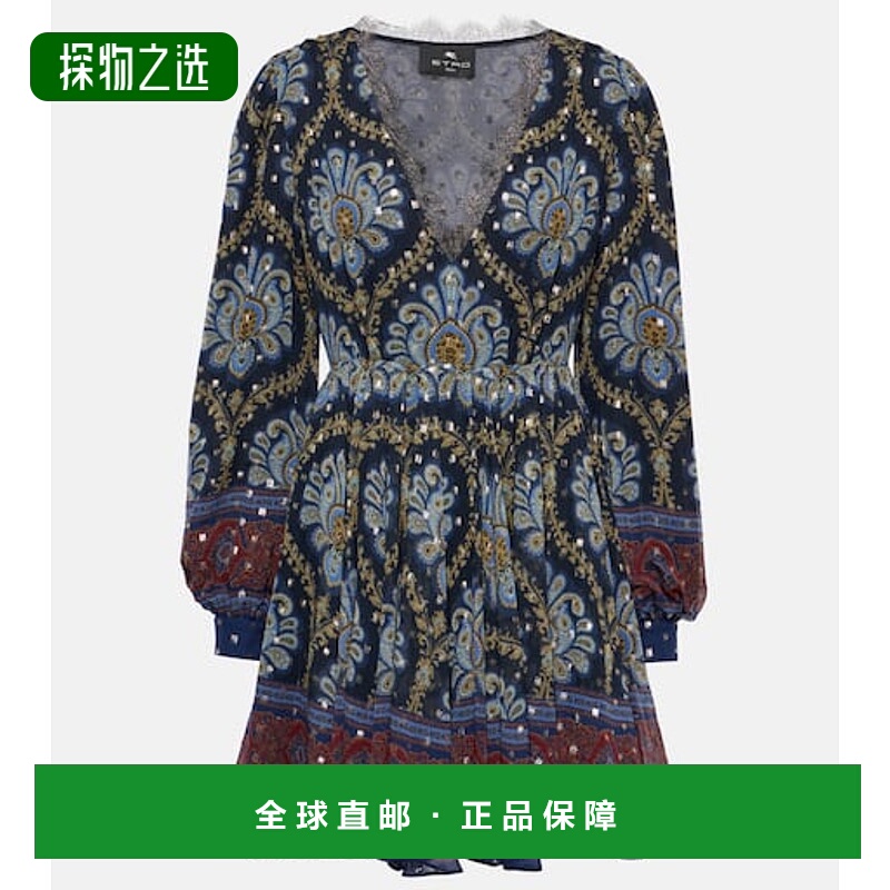 香港直邮Etro 艾特罗 女士 灯笼袖真丝提花迷你连衣裙