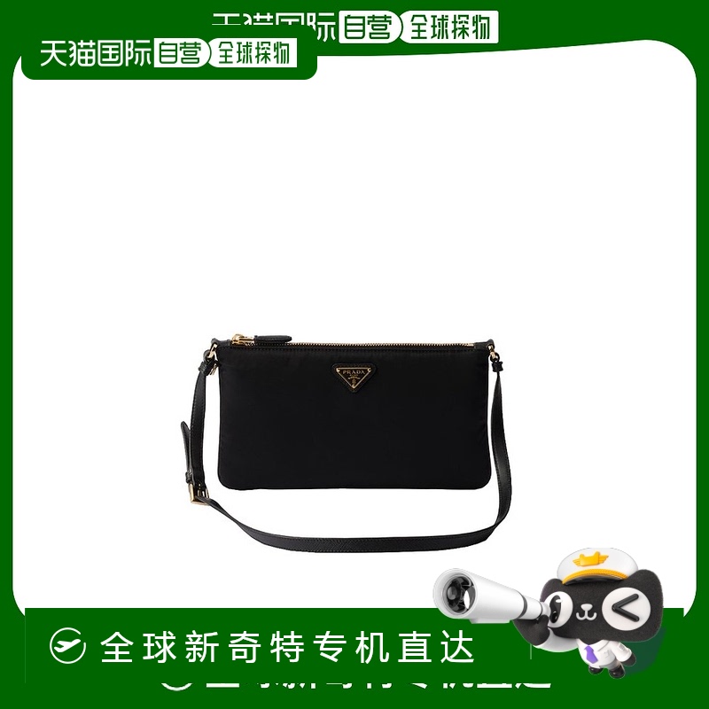欧洲直邮Prada/普拉达 女士黑色皮革可调节皮革手柄拉链闭合手拿