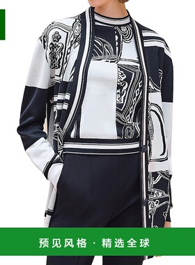 1h可退 Hermes/爱马仕24新款 女士黑蓝色桑蚕丝V领无序刺