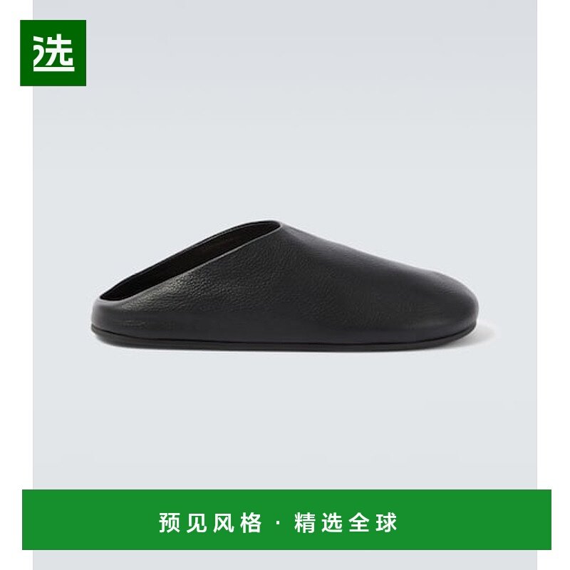 1h可退 香港直邮The Row 男士 Hudson 皮质凉拖 black黑色 舒适时