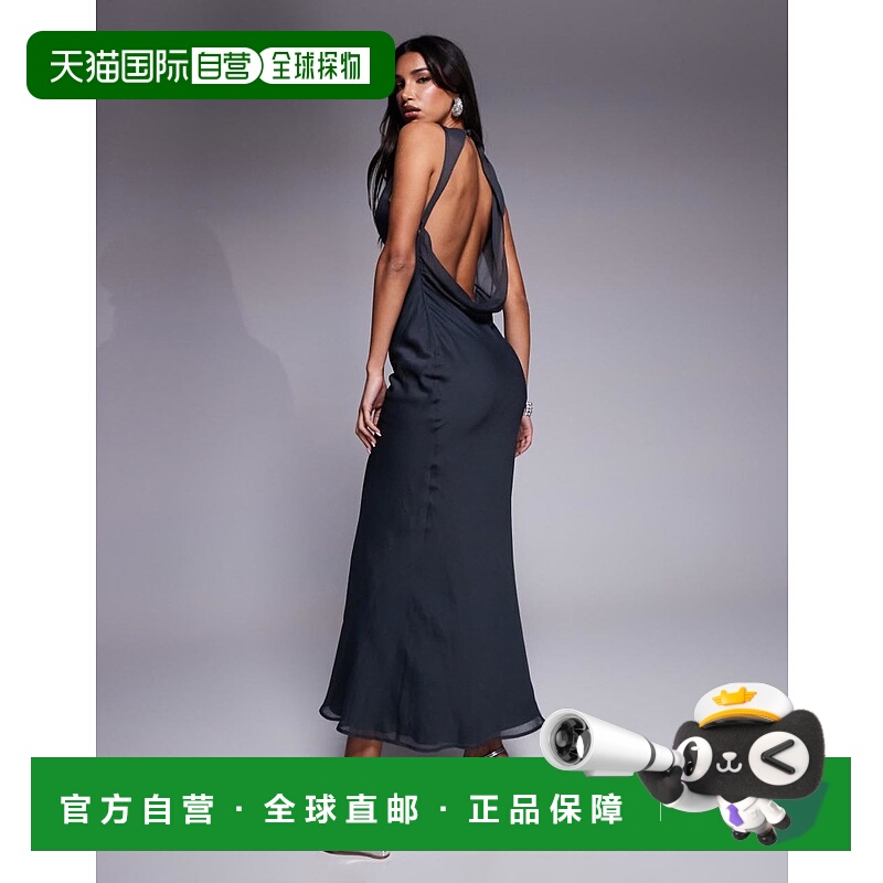 1h可退 香港直邮ASOS 女士 midaxi 设计不对称领圈垂褶背石板色连