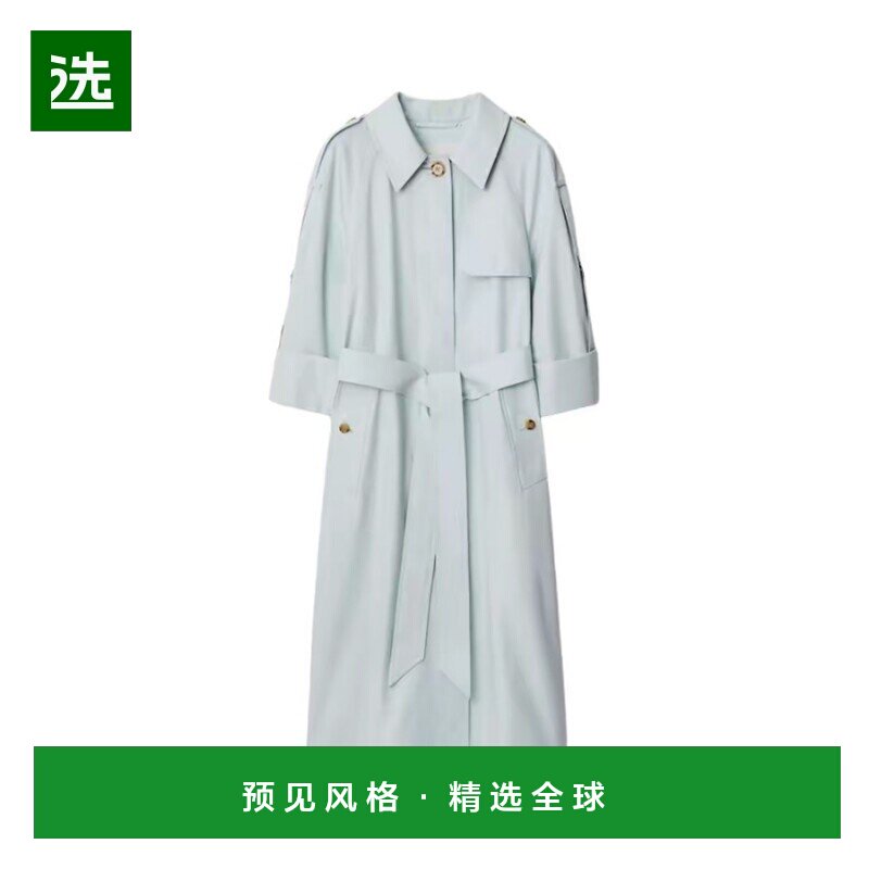 欧洲直邮Burberry/博柏利 女士浅蓝色棉质系带单排扣长款风衣