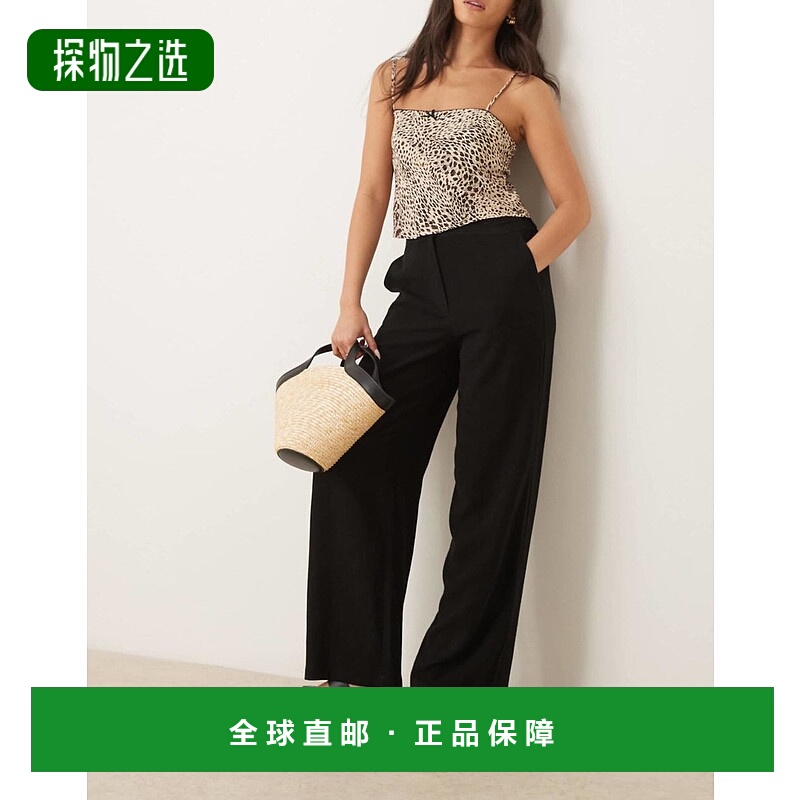 香港直邮ASOS 女士 设计宽松直筒亚麻裤子(黑色)