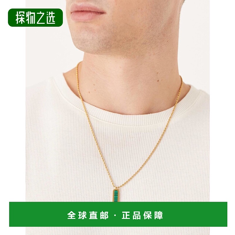 香港直邮ASOS 男士 s 设计防水不锈钢方形吊坠绿色项链/吊坠(金色