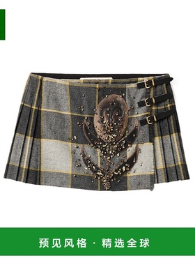 香港直邮Miu Miu 刺绣格纹迷你羊毛裙 MG236116FFSOOO半身裙a字裙