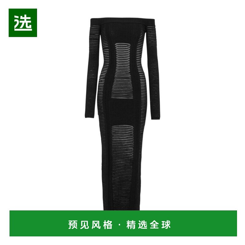 香港直邮Balmain 黑色中长款针织紧身连衣裙 XF0RL113KB60包臀裙
