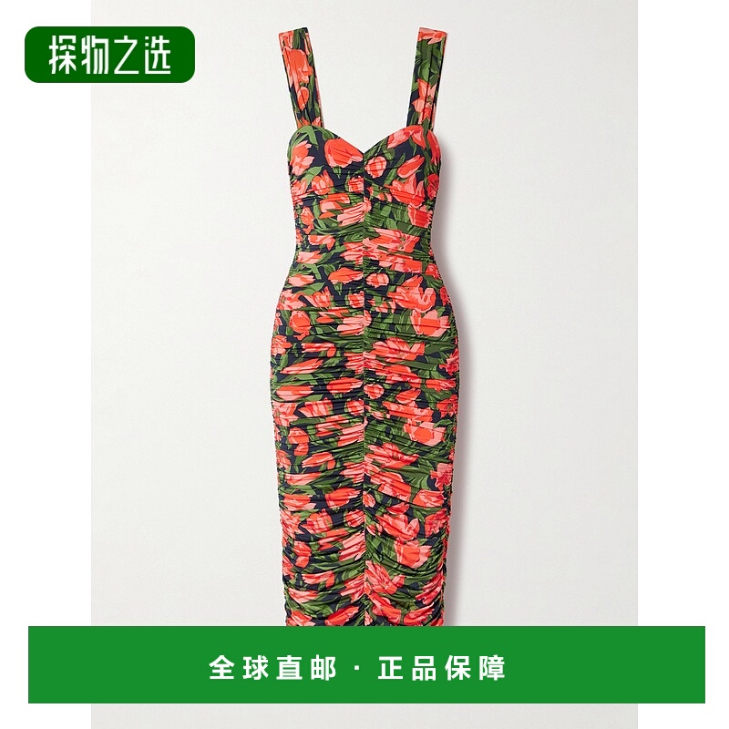 香港直邮CAROLINA HERRERA 女士 褶皱印花弹性针织中长连衣裙 E24