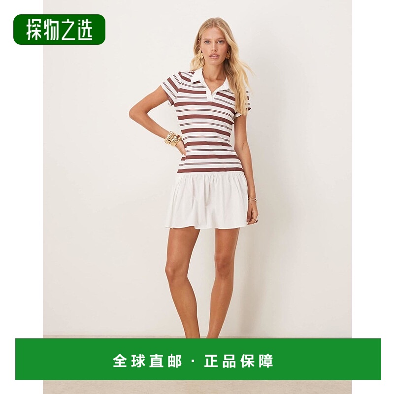香港直邮ASOS 女士 polo dress 设计短袖迷你府绸酒红色条纹半身(