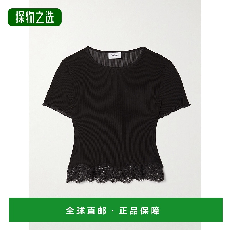 1h可退 香港直邮Saint Laurent 圣罗兰 女士 罗纹真丝蕾丝T恤 841