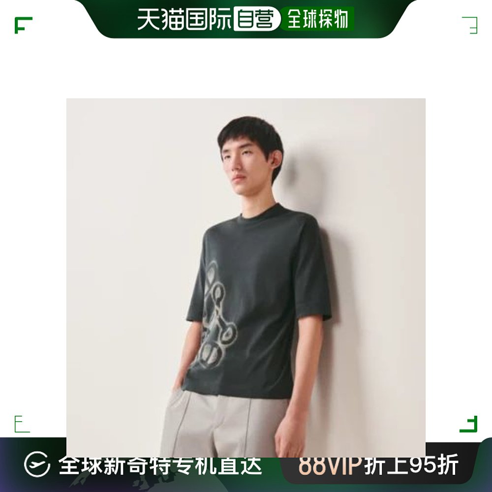 自营|hermes爱马仕男士上装t恤深色徽标提花宽松圆领印花舒适