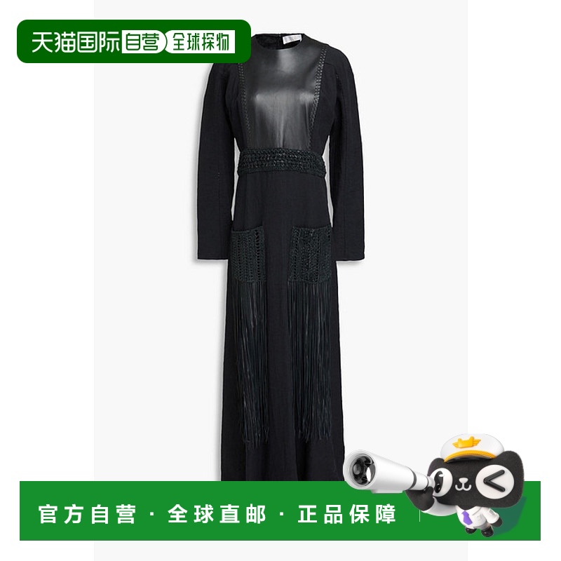 1h可退 香港直邮Chloe 蔻依 女士 流苏皮革拼接亚麻长款连衣裙 CH