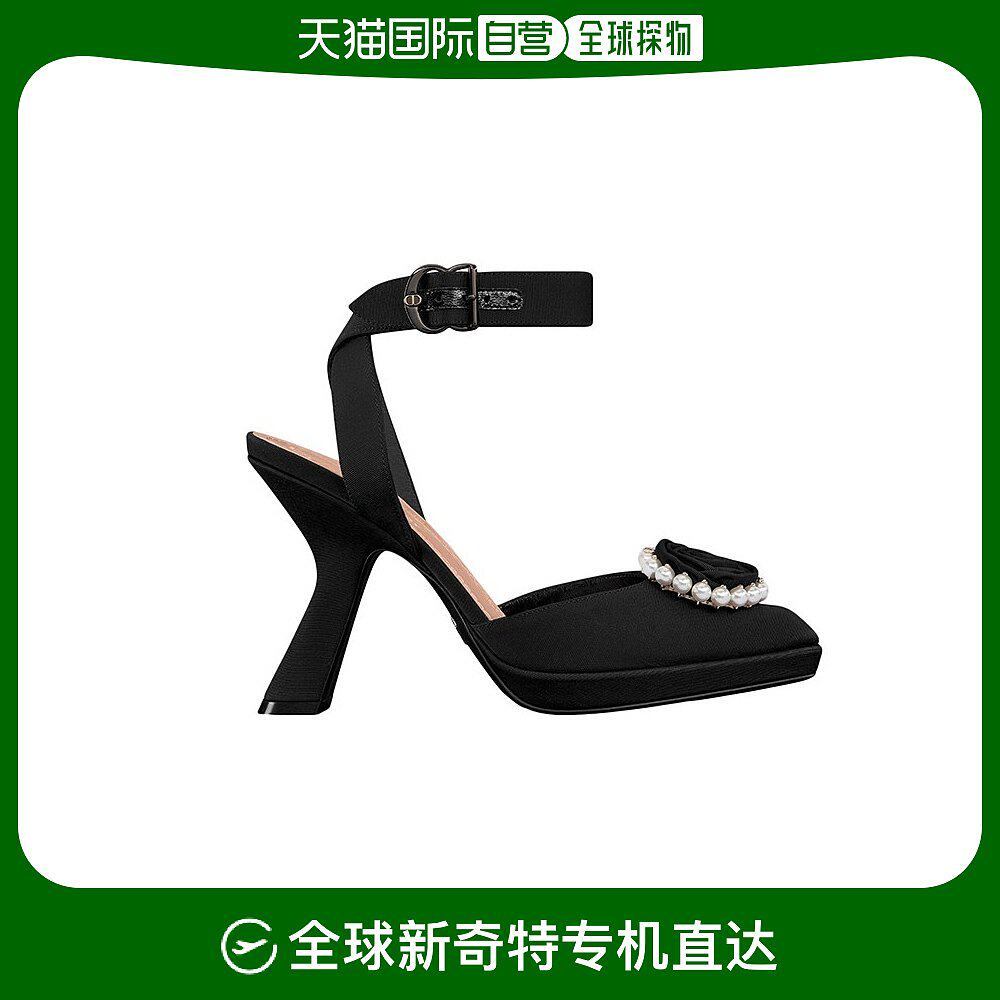 欧洲直邮dior/迪奥23新款 女黑色罗缎饰有玫瑰花珍珠高跟鞋10.5cm