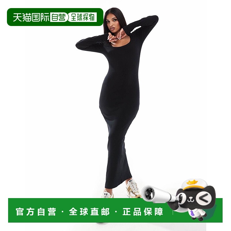 1h可退 香港直邮ASOS 女士 设计罗纹长袖圆领长款连衣裙(黑色)