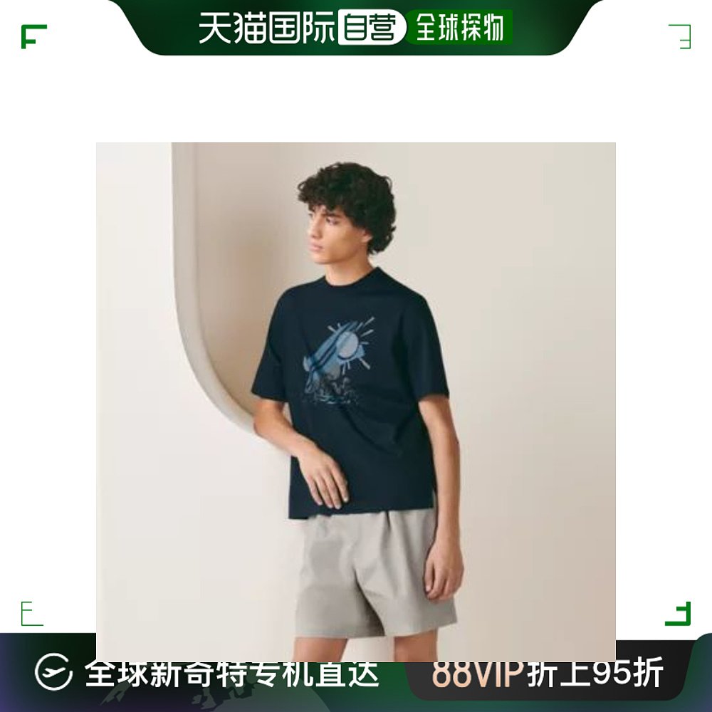 hermes爱马仕男士上装t恤海军蓝logo图案徽标提花宽松