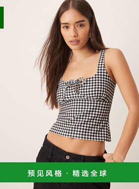 1h可退 香港直邮ASOS 女士 milkmaid 设计褶皱胸部绑带细节方格棉