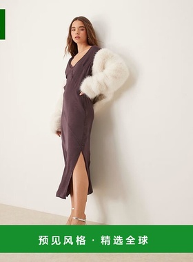 1h可退 香港直邮ASOS 女士 seaming 设计V领缎面原版中长连衣裙(m