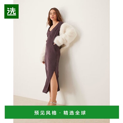 1h可退 香港直邮ASOS 女士 seaming 设计V领缎面原版中长连衣裙(m