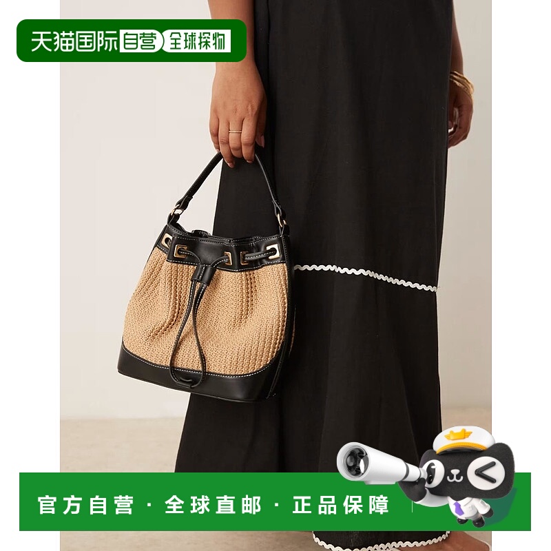 1h可退 香港直邮ASOS 女士 设计草编水桶型撞色缝线肩包(黑色)