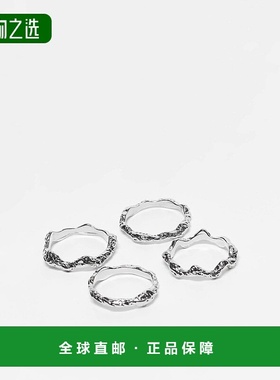 香港直邮ASOS 女士 Curve 堆叠锤痕设计色调戒指(4件套)(银色)