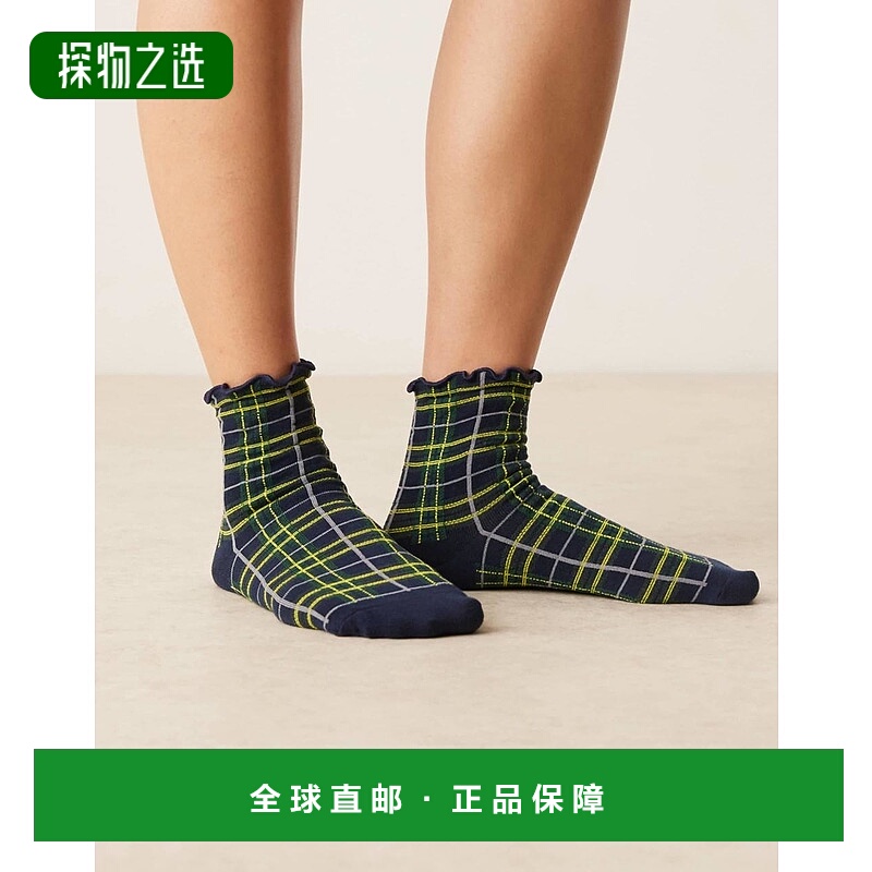 香港直邮ASOS 女士 frill 设计迷你格纹图案顶部多袜子(海军蓝)