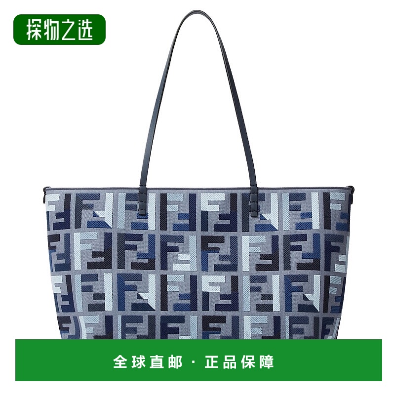 香港直邮Fendi Roll  FF 刺绣蓝色帆布购物袋 8BH425AV11