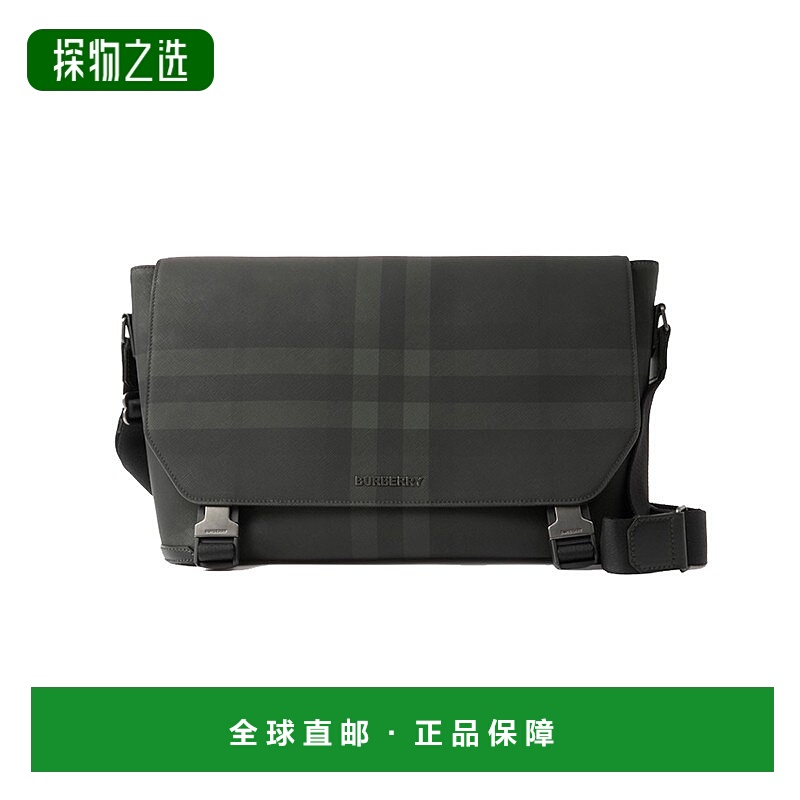 欧洲直邮Burberry/博柏利 男士大号木炭色棉/小牛皮格纹斜挎