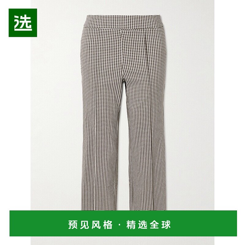 1h可退 香港直邮Staud 女士 Knack 短款方格棉布弹力卡迪喇叭长裤