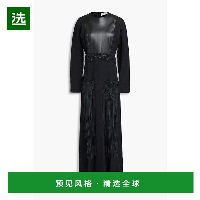 1h可退 香港直邮Chloe 蔻依 女士 流苏皮革拼接亚麻长款连衣裙 CH