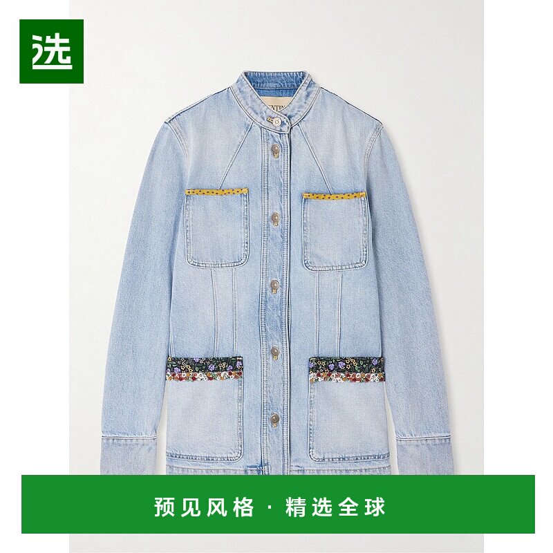 1h可退 香港直邮Valentino 华伦天奴 女士 精饰印花雪纺边牛仔布