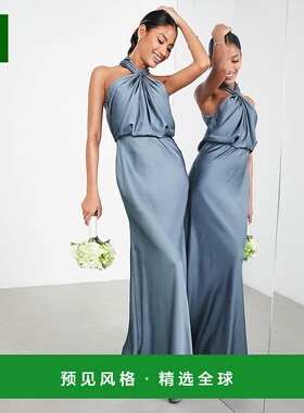 1h可退 香港直邮ASOS 女士 Bridesmaid 设计缎面褶皱挂脖蓝色长款