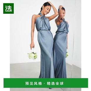 设计缎面褶皱挂脖蓝色长款 1h可退 Bridesmaid 女士 香港直邮ASOS