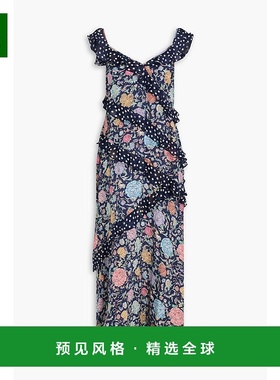 香港直邮RIXO 女士 Gail 荷叶边印花丝绸绉纱长款连衣裙 01002269