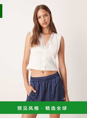 1h可退 香港直邮ASOS 女士 milkmaid 设计深V系扣蕾丝边上衣(白色