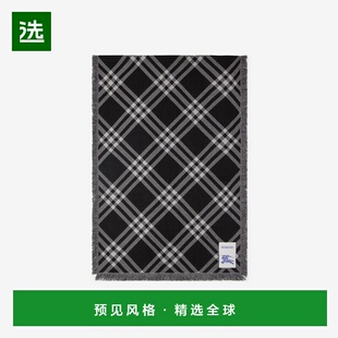 欧洲直邮Burberry博柏利 女士黑色/平布白羊毛宽版格纹丝毛混围巾