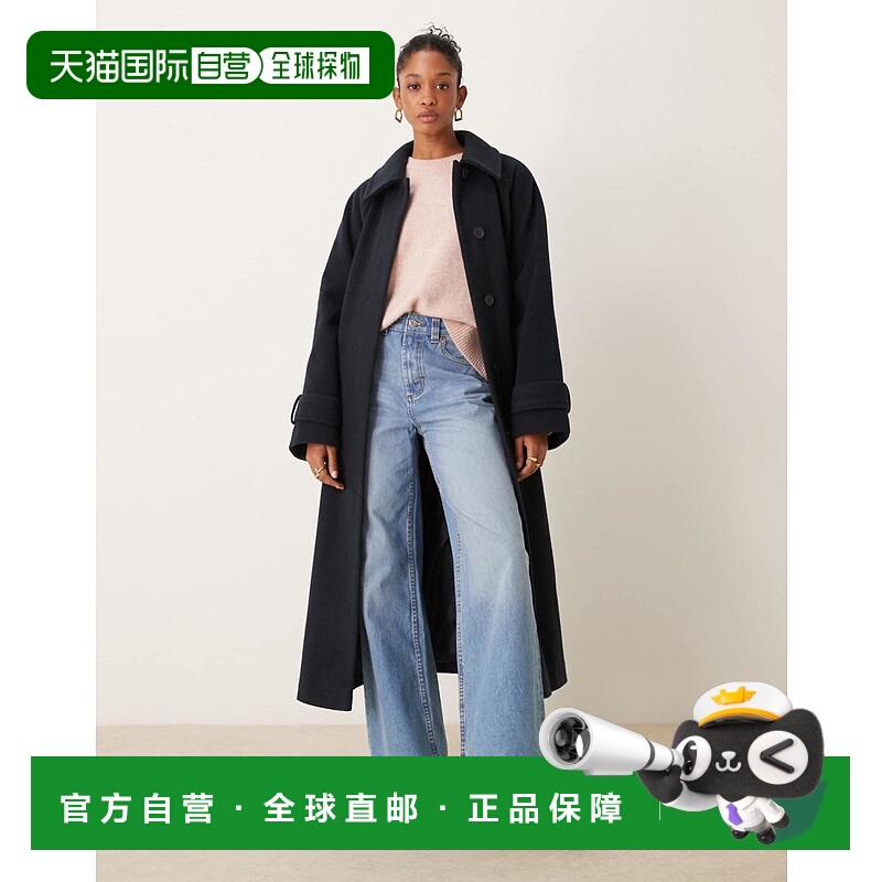 1h可退 香港直邮ASOS 女士 设计磨毛正装高端领长款大衣(海军蓝)