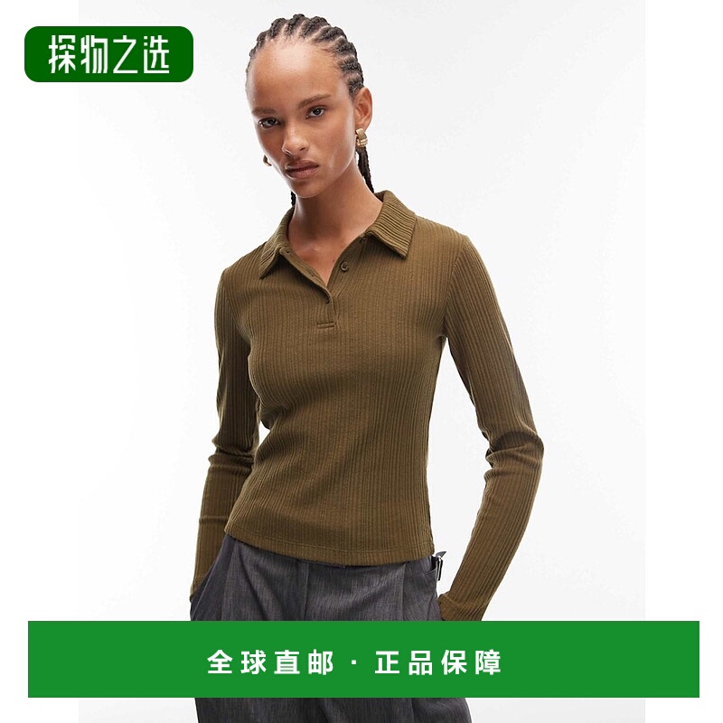 香港直邮ASOS 女士 设计超柔软磨毛罗纹长袖Polo衫(卡其色)