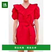 美国直邮 English Factory 1h可退 英国工厂 樱桃红色荷叶边短